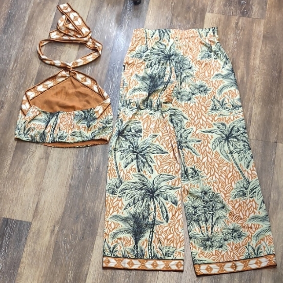 Joie Palm Print Wide Leg Jumpsuit in Orange and Green - Picture 5 of 5
